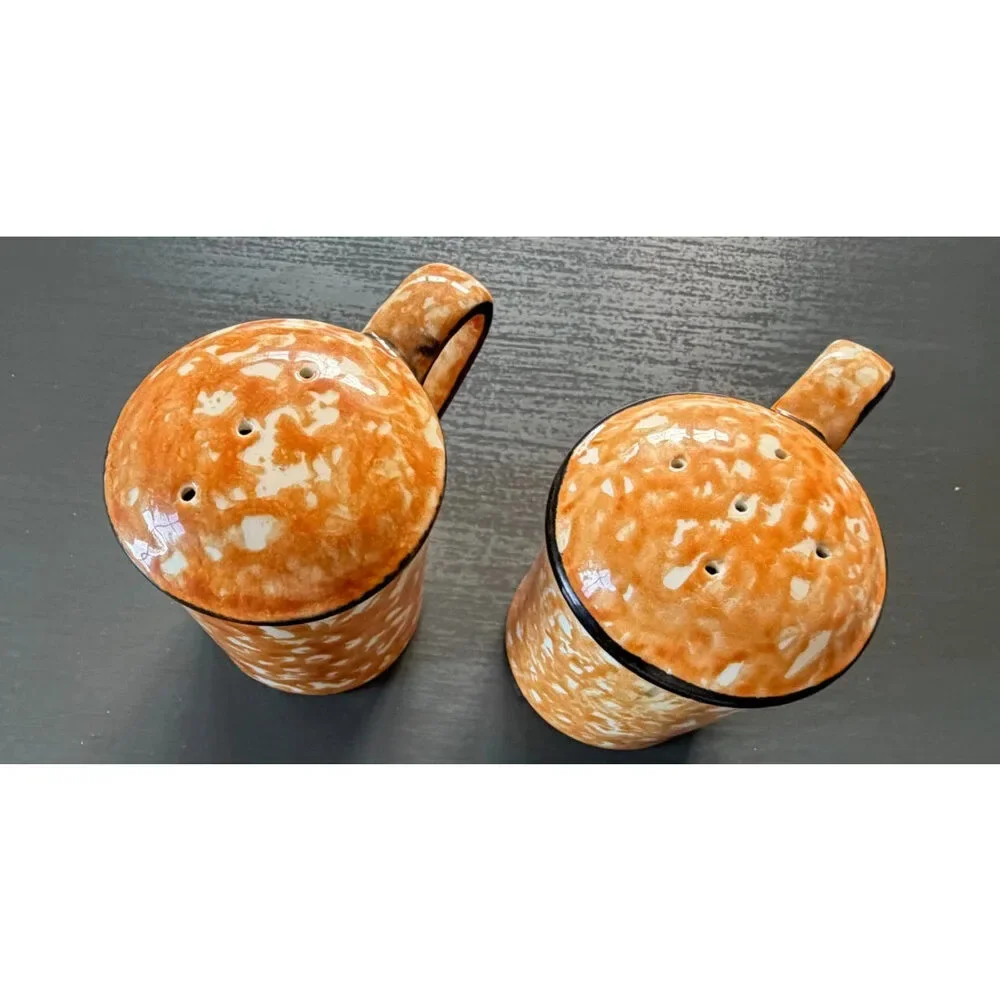 Stangl Town & Country Orange Splatter Ware Round Salt & Pepper Shakers -Stoppers